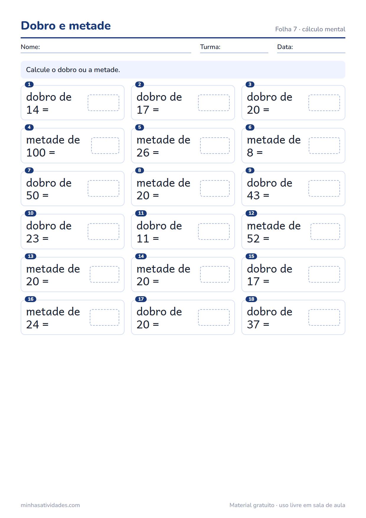 Atividade de matemática 2º ano para imprimir: dobro e metade (folha 7)