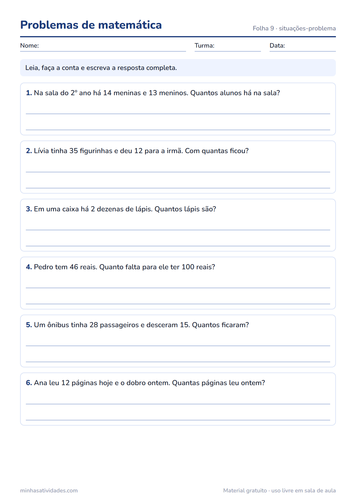 Problemas de matemática para o 2º ano para imprimir