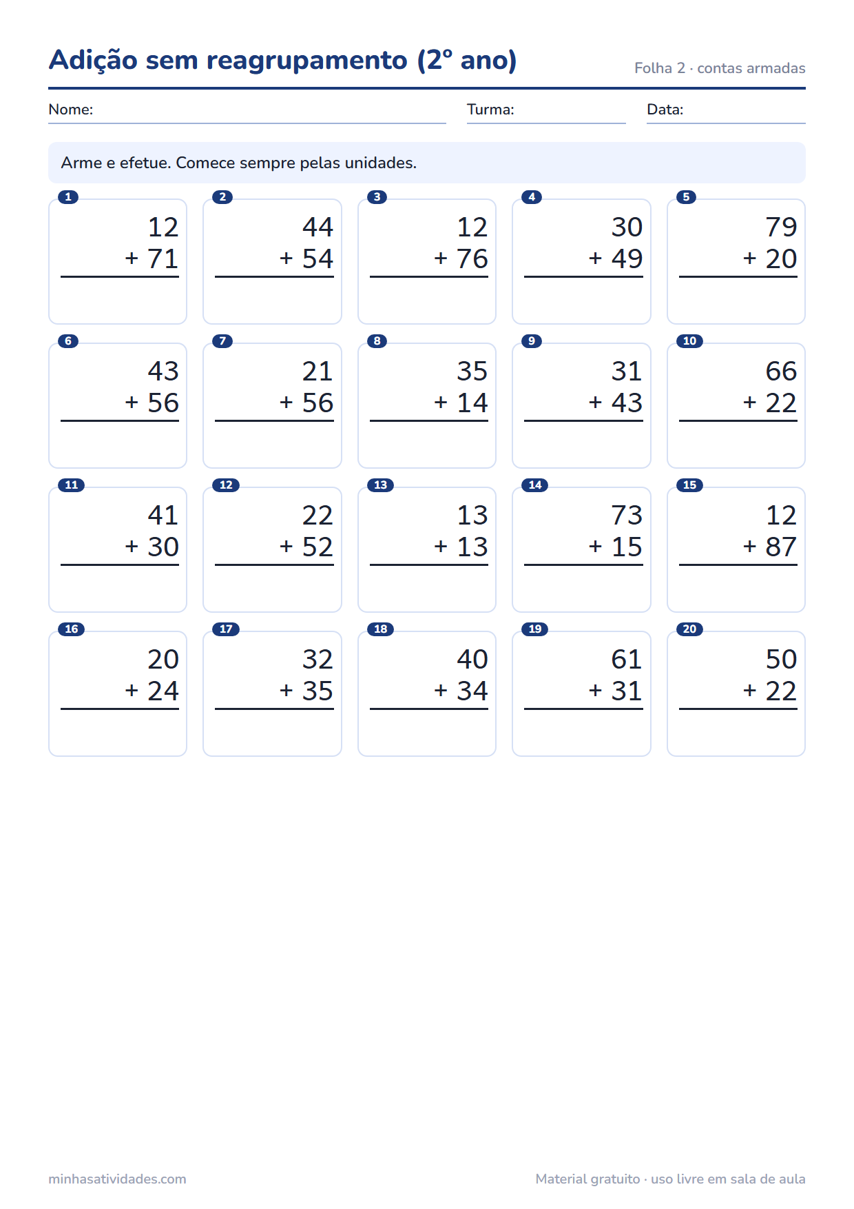 Atividade de adição para imprimir: adição sem reagrupamento (2º ano) (folha 2)