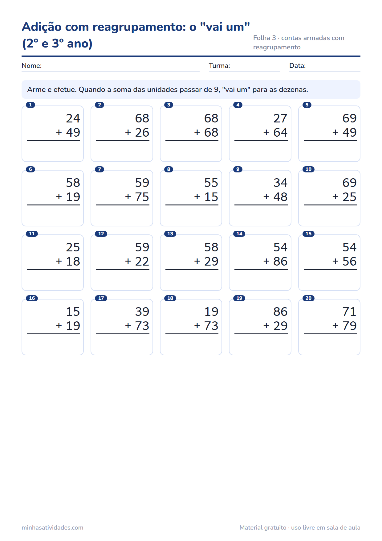 Atividade de adição para imprimir: adição com reagrupamento: o "vai um" (2º e 3º ano) (folha 3)