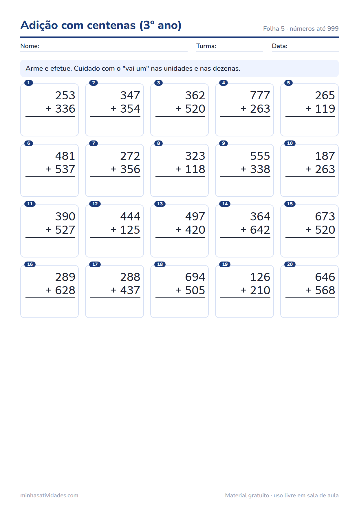 Atividade de adição para imprimir: adição com centenas (3º ano) (folha 5)