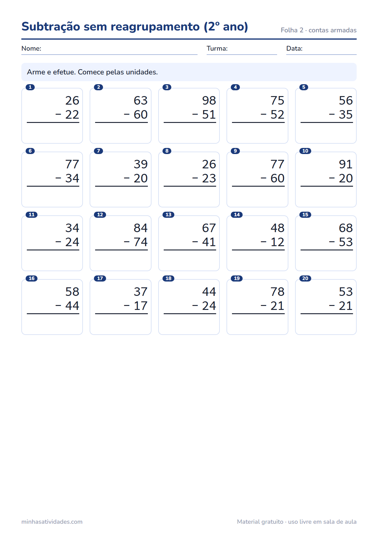 Atividades de subtração para imprimir: 1º, 2º e 3º ano (com gabarito em PDF) 2 Atividade de subtração para imprimir: subtração sem reagrupamento (2º ano) (folha 2)