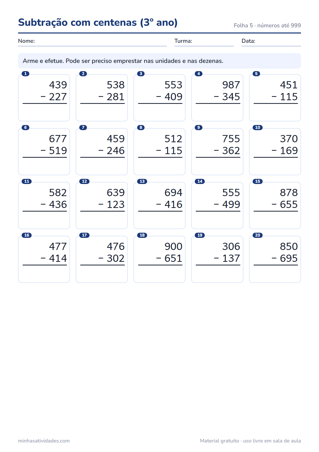 Atividades de subtração para imprimir: 1º, 2º e 3º ano (com gabarito em PDF) 5 Atividade de subtração para imprimir: subtração com centenas (3º ano) (folha 5)