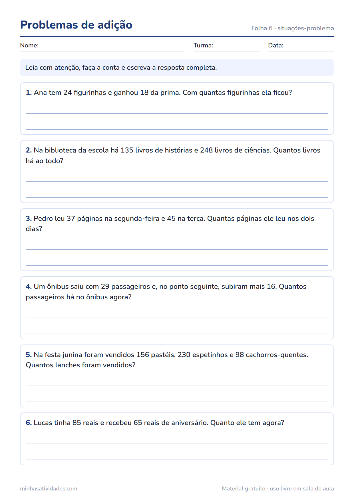 Problemas de adição para imprimir com resposta
