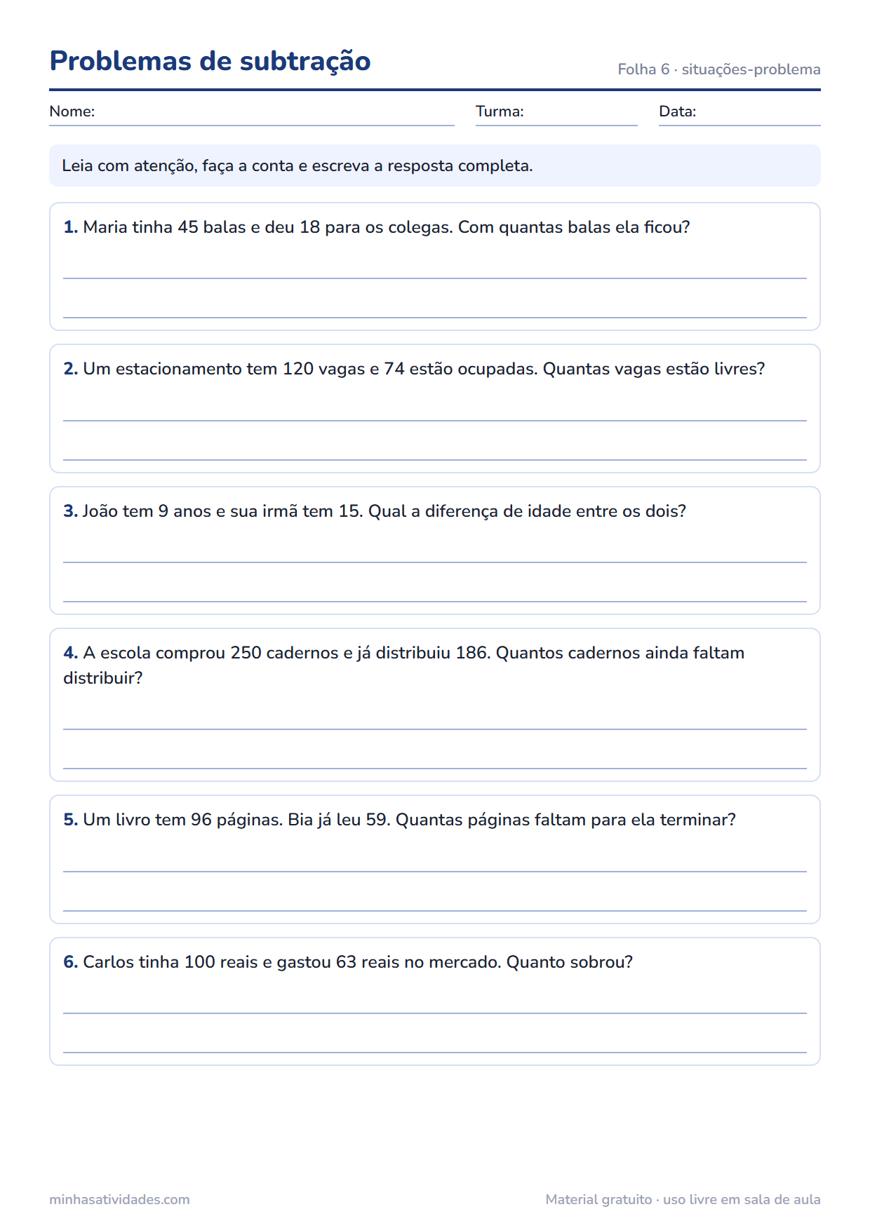 Atividades de subtração para imprimir: 1º, 2º e 3º ano (com gabarito em PDF) 6 Problemas de subtração para imprimir com resposta